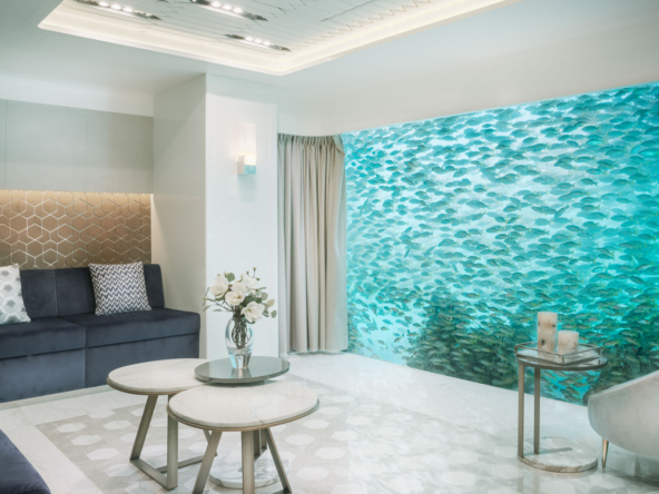 Floating Seahorse white living room with aquarium High Resolution photo